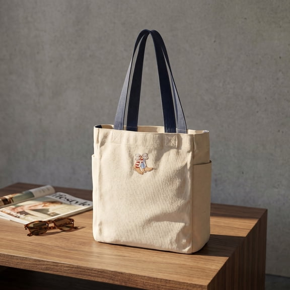 Women's Embroidered Canvas Tote Bag, Natural Beige Shoulder Handbag with Cute Bow and Boots Pattern, Large Capacity Multi-Pocket Casual Tote for Shopping Travel Daily Commute, Navy Blue Handles