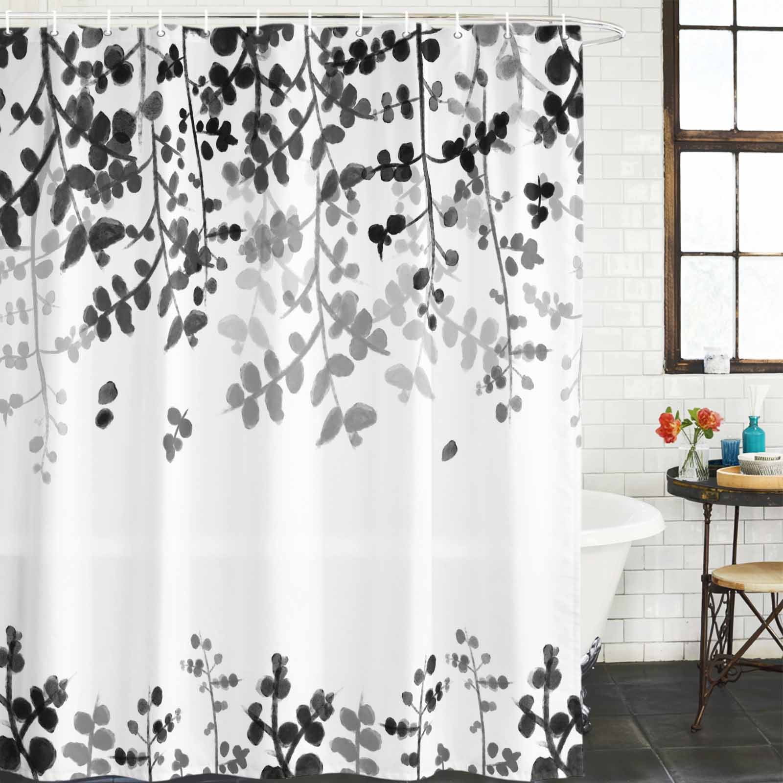 Black Leaves Shower Curtain, Waterproof Shower Curtains for Bathroom, Summer Botanical Washable Fabric Bathtub Curtain Set Bath Decor with 12 Hooks 48"x72"