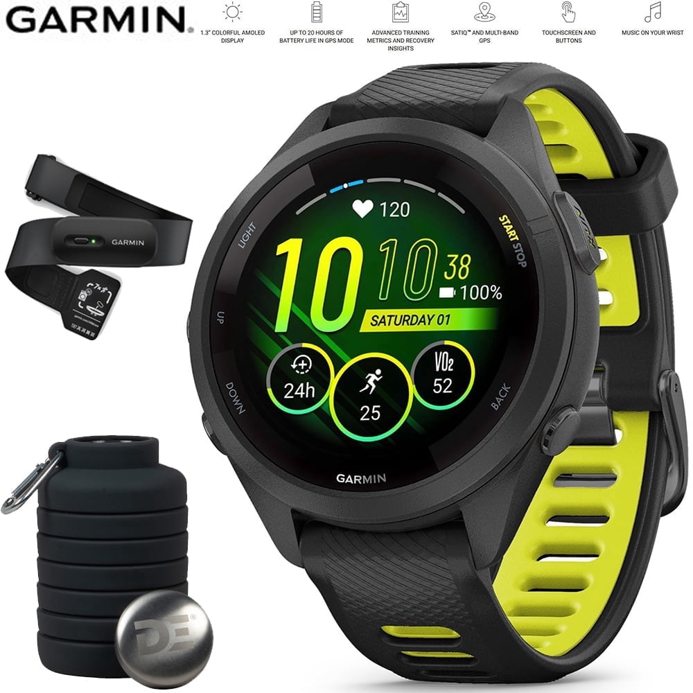 Garmin 010-02810-03 Forerunner 265S GPS Smartwatch Black/Amp Yellow Bundle with Garmin Heart Rate Monitor Accurate Heart Rate & HRV Data Strap XS-S and Deco Essentials Collapsable Water Bottle