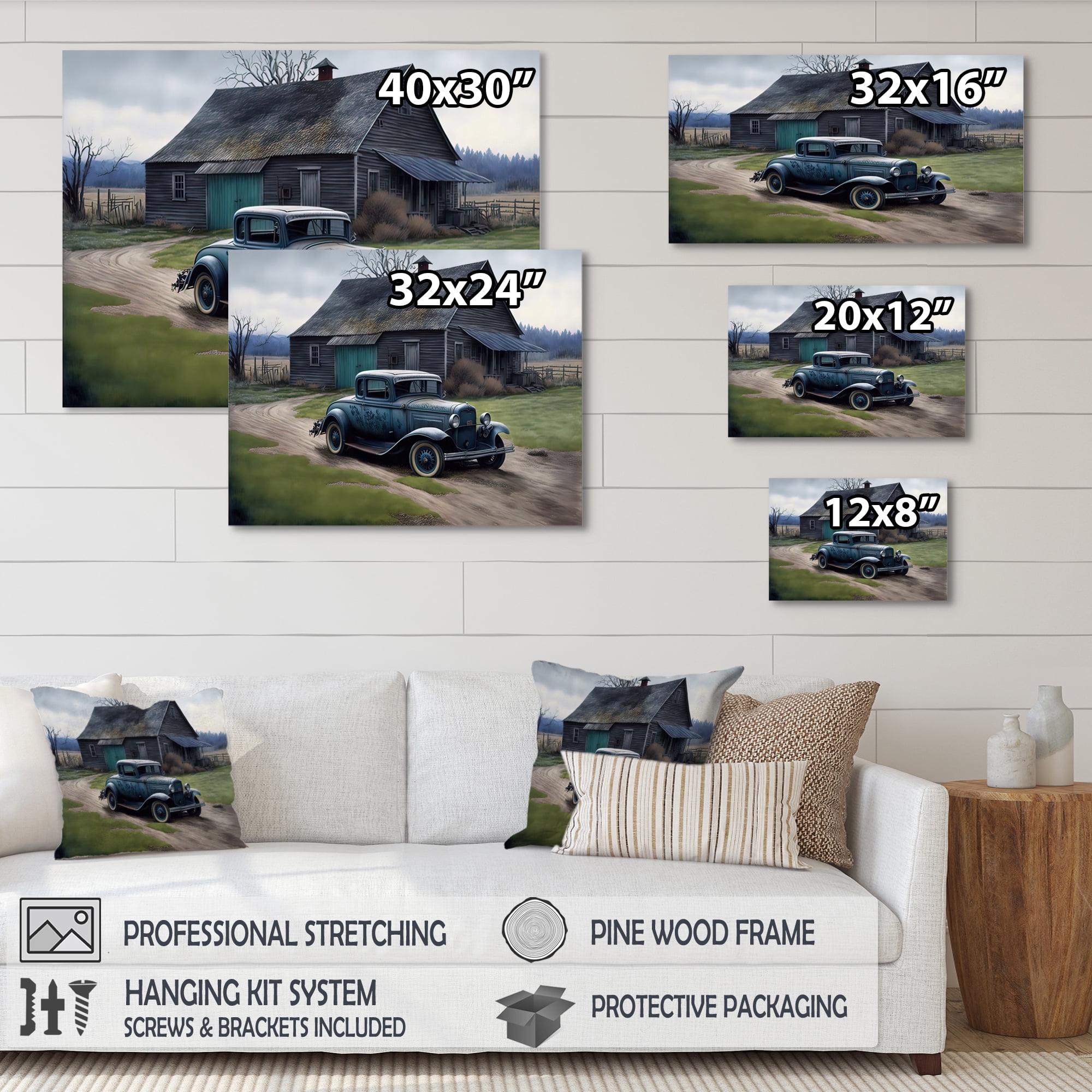 Designart 30S Ford Car In Barn VII Canvas Wall Art