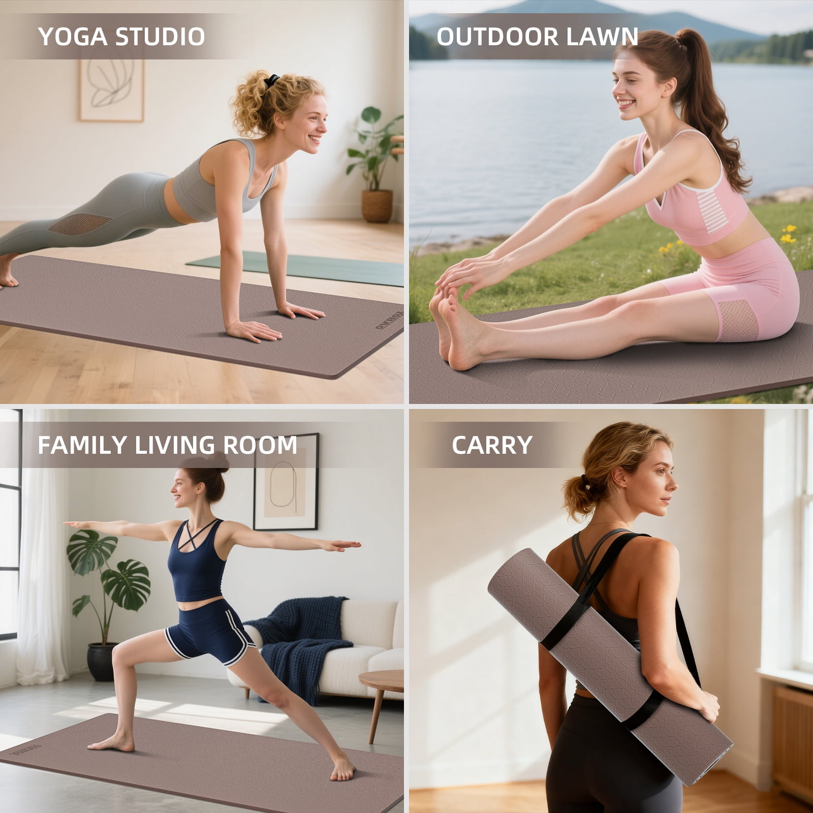 YOHAO Yoga Mat 10mm Thick,72"×26",Non-Slip Eco TPE,Strap included for Travel,Pilates and Fitness Workout(Dark Blown)