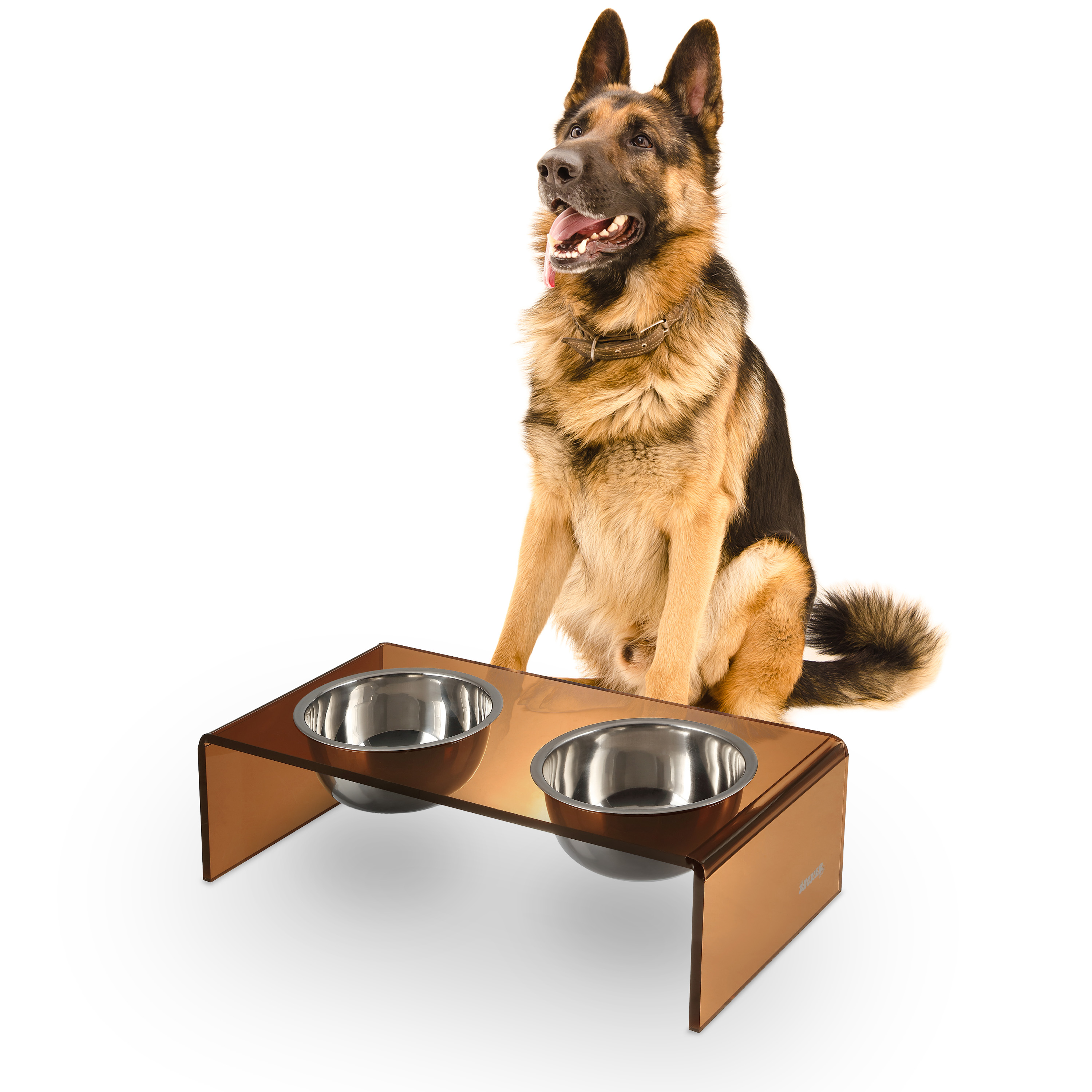 THE LICKER STORE Keaton 7.5" Medium/Large Modern Acrylic Rectangular Elevated Pet Feeder with 54oz 2-Stainless Steel Bowls, Amber/Chrome, DBL2001D