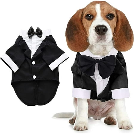Dog Shirt Puppy Clothes, Pet Wedding Suit Formal Tuxedo with Black Bow Tie, Dog Outfit for Small Medium Dogs Cats, Dog Weding Attire Dress Up Cosplay Prince Costume Gentleman Apparel (Small, Black)