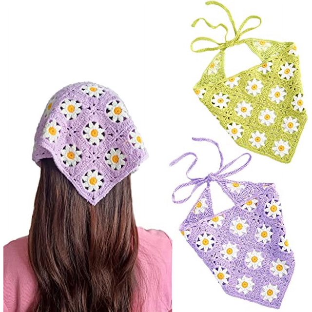 2 piezas de diademas de flores de crochet para mujer (púrpura y verde), pañuelos bohemios de flores para la cabeza para mujeres, pañuelos triangulares de crochet para la cabeza, pañuelos de flores vin