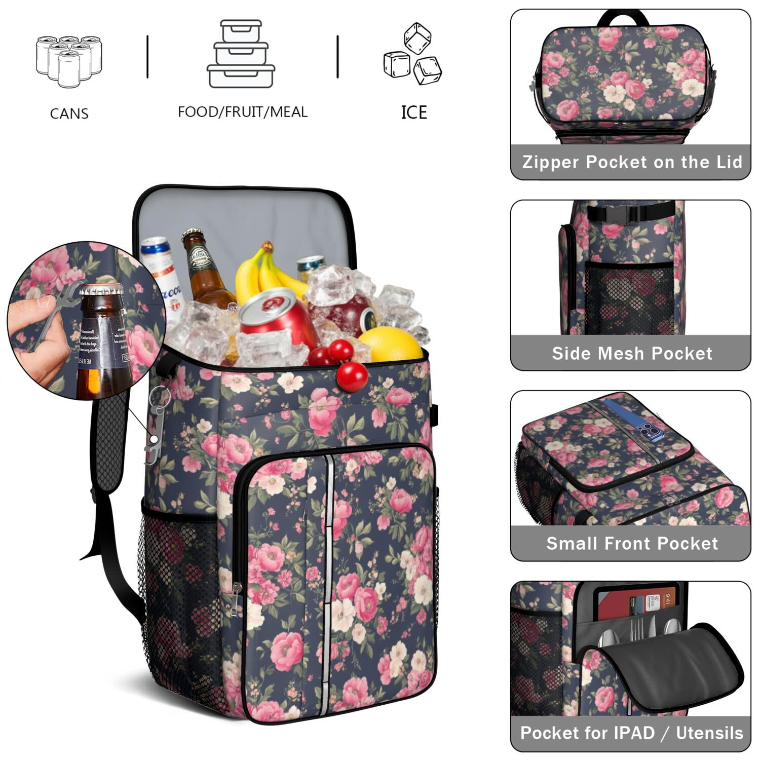 Travel Cooler Bag - Pioneer Flower Camping Beer Cooler Backpack with Bottle Opener- Waterproof Insulated Picnic Backpacks - Cooler Bag for Beach