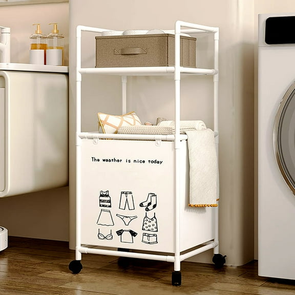 Bxaolu Laundry Sorter Stainless Steel Laundry Hamper Cart with Storage Bags, Heavy Duty Laundry Basket Organizer with Wheels & 2 Tier Shelf, White
