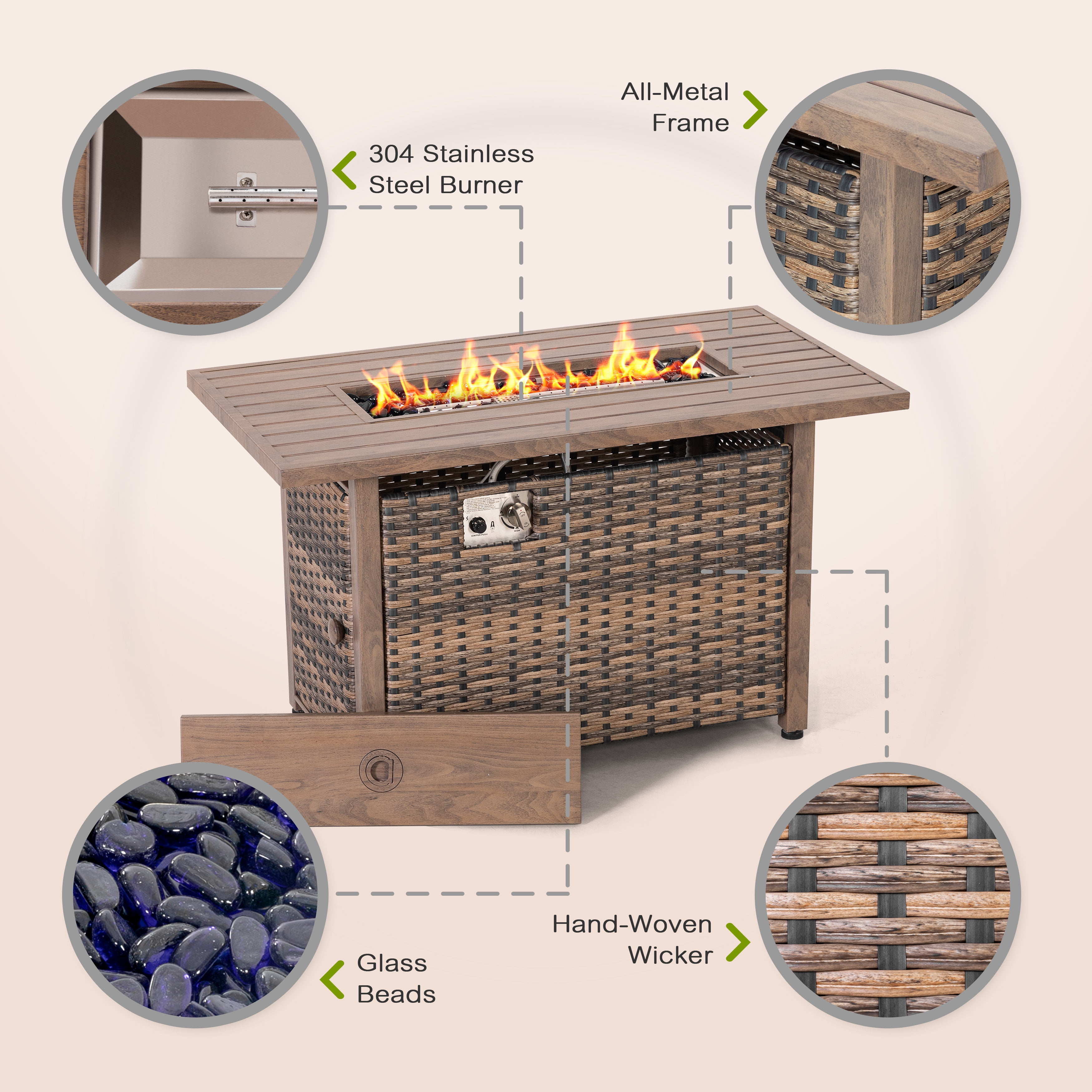 Nuu Garden 43'' Propane Gas Fire Pit with Glass Wind Guard, Rattan Outdoor Fire Pit Table 50,000 BTU Smokeless with Lid and Glass Beads, All-Metal Frame Patio Fire Pit Table , Brown
