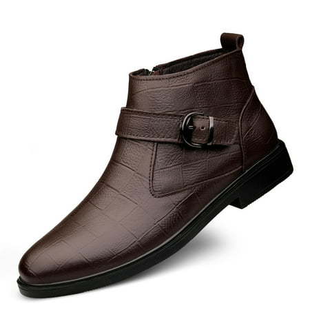 

CCE Men‘s Fashion Genuine Leather Plaid Wear-resistant Zipper Casual Dress Shoes With Buckle Decor Ankle Boots