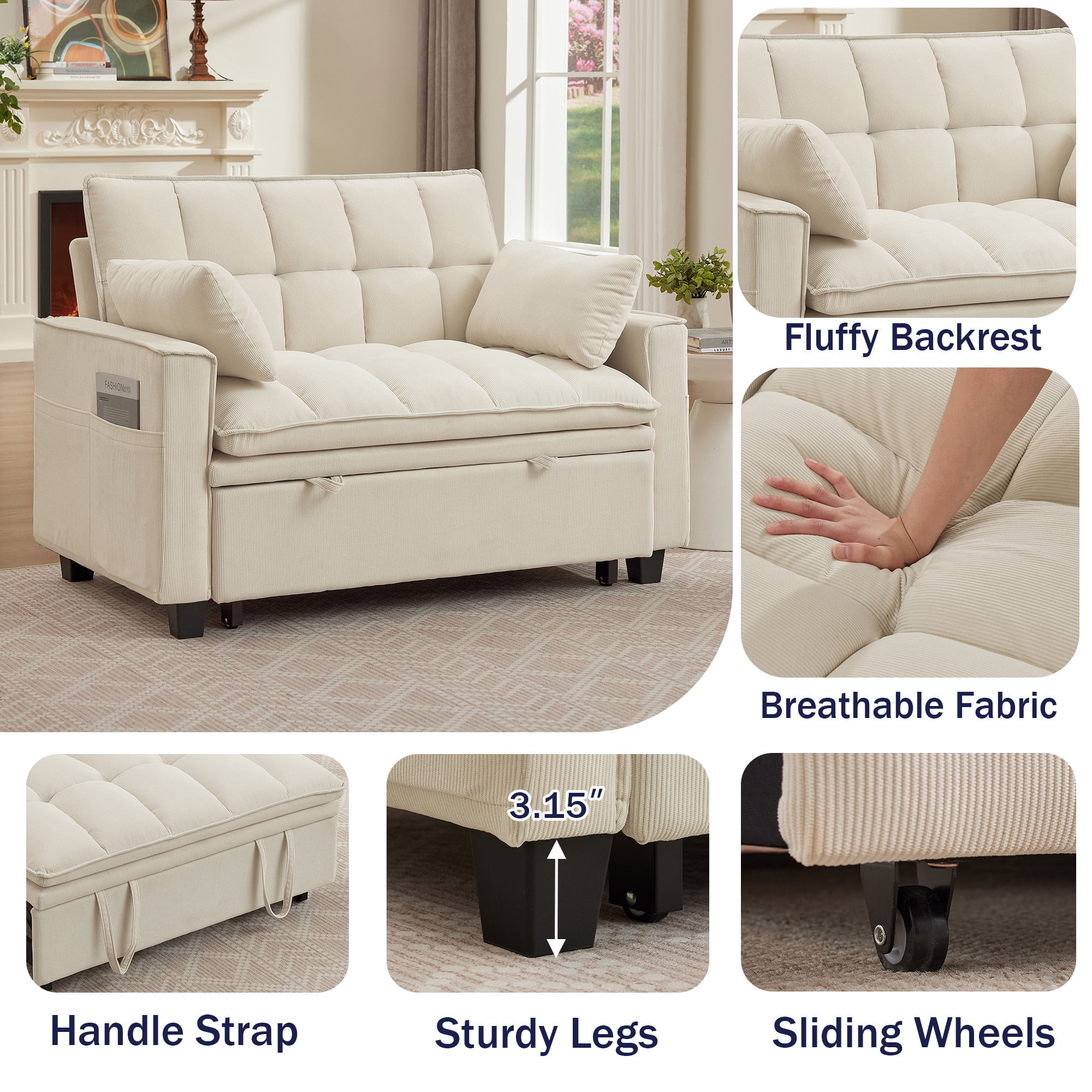 Pingliang Home Convertible Loveseat Reclining Sleeper Sofa Pull Out Bed,2 Seat Small Couch with Storage Side Pockets,for Living Room Apartment Office Studio