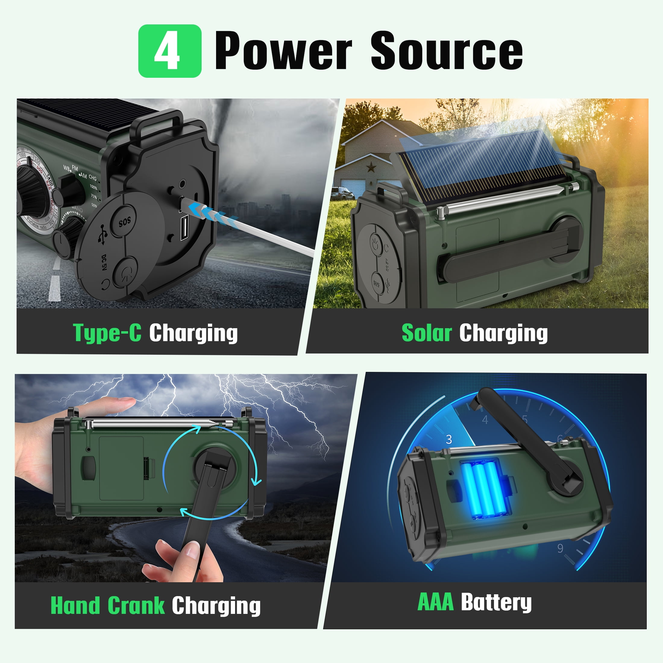 Skyhot 10000mAh Portable Hand Crank Solar Emergency Weather Radio with NOAA/AM/FM/Type-C USB Charging Radios/LED Reading Light/SOS/Compass for Outdoor Camping/Hiking/Travelling