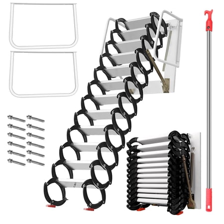 12-Step Pull Down Attic Ladder, Wall Mounted Titanium-Magnesium Alloy Loft Stairs, 1102 lbs Heavy Duty Load Capacity, Foldable with Handrail for Attic Garage Basement