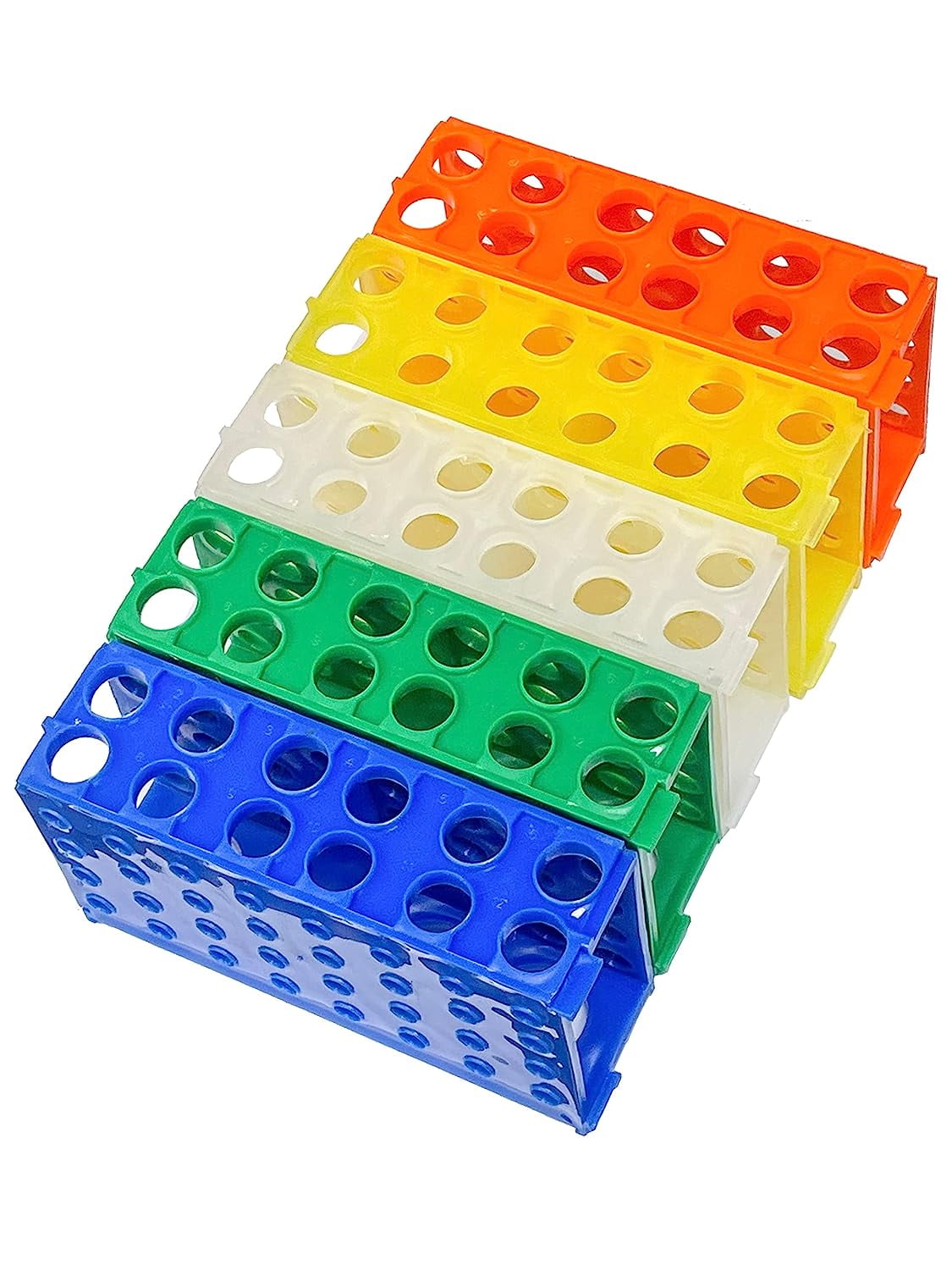 Four Way Plastic Test Tube Rack Assorted Colors, Blue, Green, White, Orange, Yellow Pack of 5