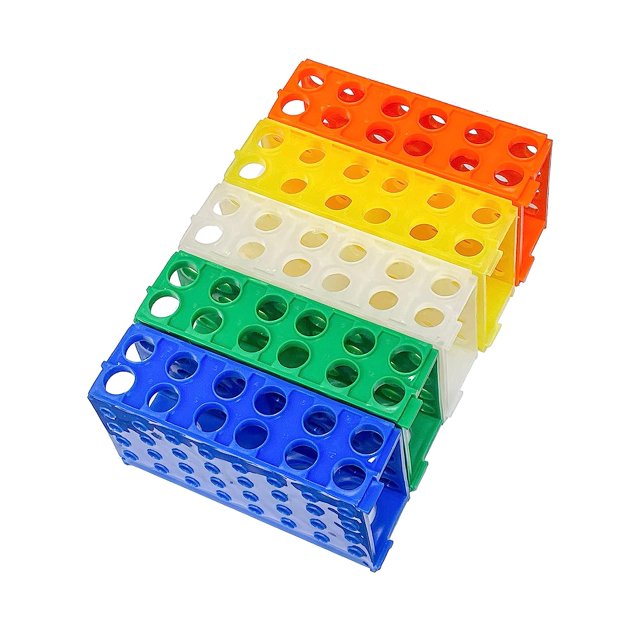 Four Way Plastic Test Tube Rack Assorted Colors, Blue, Green, White, Orange, Yellow Pack of 5