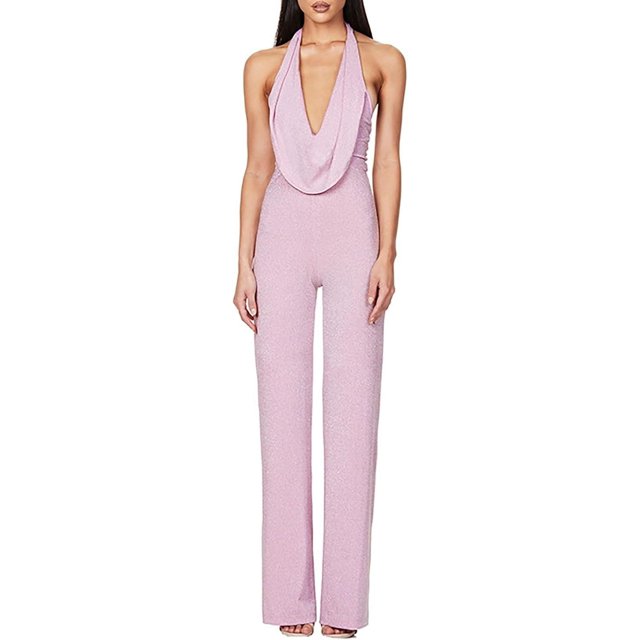 Women Fashion Playsuits Jumpsuit Denim Daily High Waisted Sleeveless Back Heart Pattern Turtle Neck (X2-Pink, L)