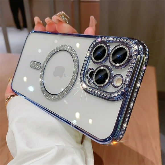 Magnetic Diamond Glitter Bling Case for iPhone 15 14 13 12 11 Pro Max Plus Rhinestone Electroplated Jewelled Transparent Cover blue for iPhone 11