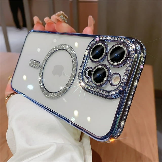 Magnetic Diamond Glitter Bling Case for iPhone 15 14 13 12 11 Pro Max Plus Rhinestone Electroplated Jewelled Transparent Cover blue for iPhone 13 ProMax