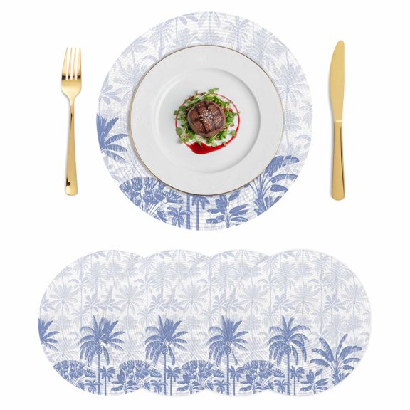 Palm Trees Round 13 Inch Placemats Set of 4, Blue Tropical Plants Summer Forest Scenery HeatResistant Non Slip Place Mats for Dining Table, Wipeable Braided Kitchen Table Mats for Housewarming