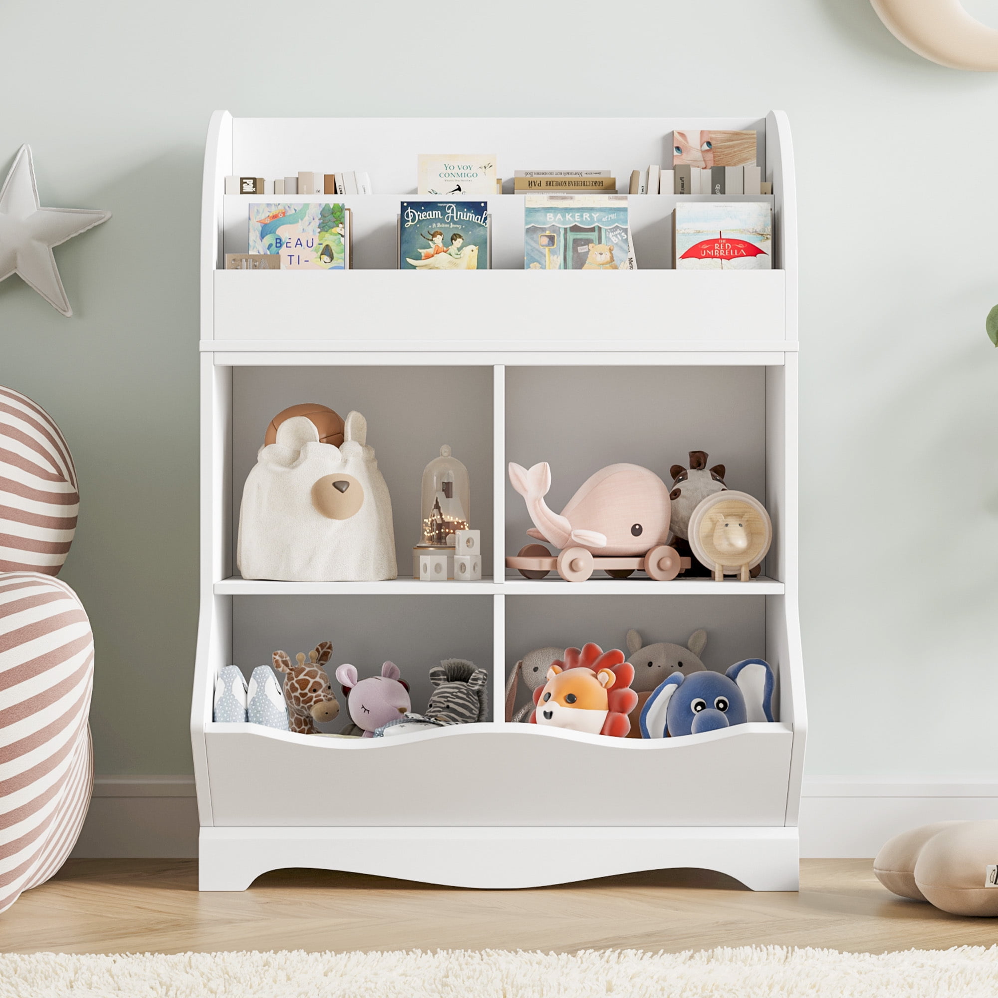 Homfa Kids Toy Storage Organizer, White Bookcase with Toy Box, Toy Chest Storage Cubbies with Bins for Nursery Playroom Bedroom