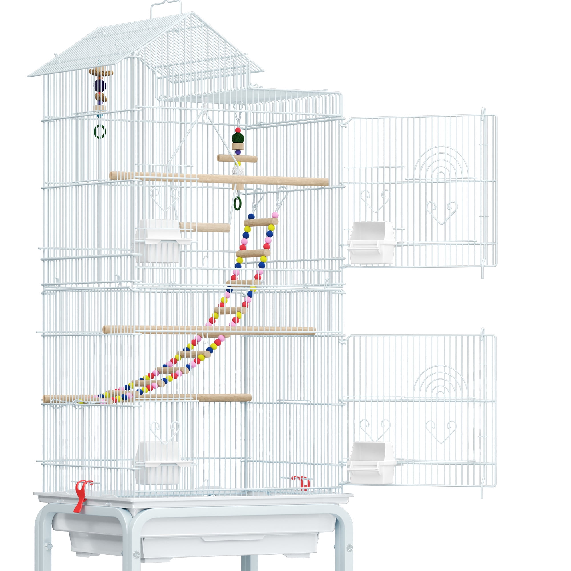 ModFusion 62" Metal Birdcage with Rolling Stand, Playful Accessories for Parakeets, Lovebirds & Conures – White