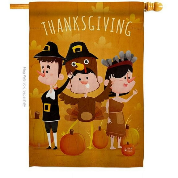 Angeleno Heritage 28 x 40 in. Pilgrims Thanksgiving House Flag with Fall Double-Sided Decorative Vertical Flags Decoration Banner Garden Yard Gift