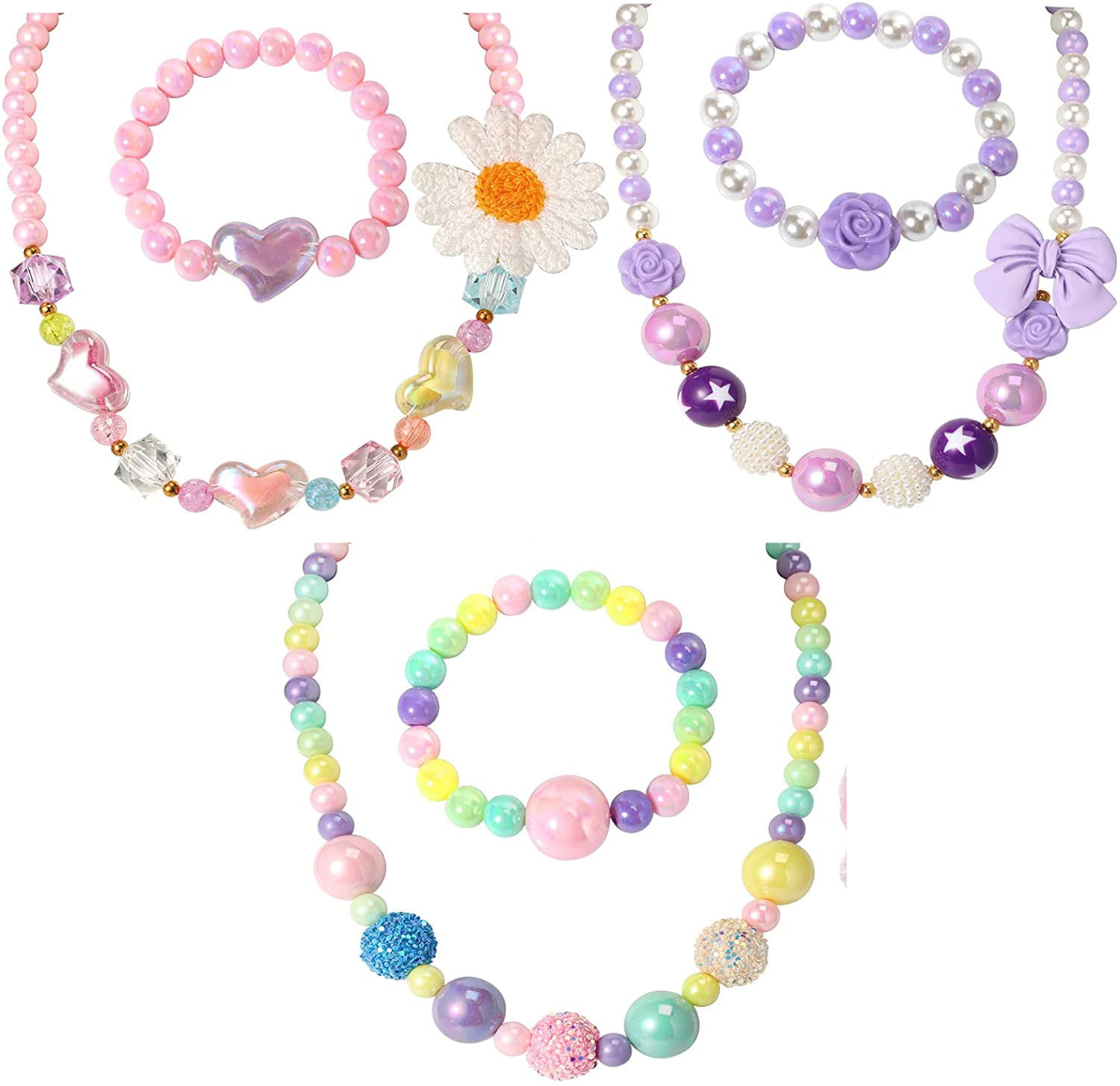 PinkSheep Kids Jewelry, 6 Sets of Beaded Necklaces and Bracelets for Girls,  Favors Bags for Toddlers (Classic)