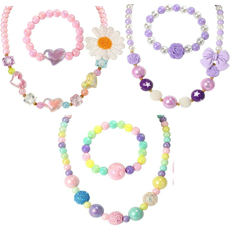 Pinksheep Beads Necklace and Bracelet for Kids, 3 Sets, Little Girls Jewelry Necklace and Bracelet with Heart Pendant, Dress Up Pretend Play Party