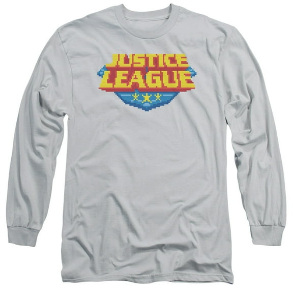 JLA Justice League 8 Bit Logo Long Sleeve Adult 18/1 T-Shirt Silver