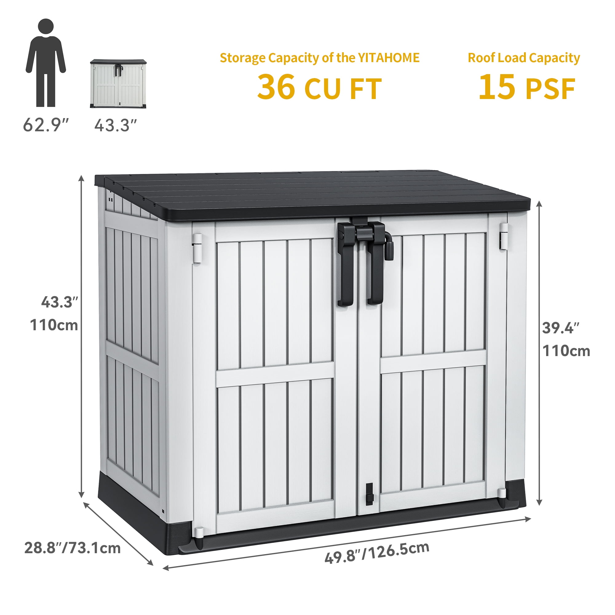 Uforic 36 cu ft Resin Outdoor Storage Shed,Horizontal Tool Shed, Waterproof Outdoor Storage with Lockable Doors & Air Vent for Trash Cans, Garden Tools