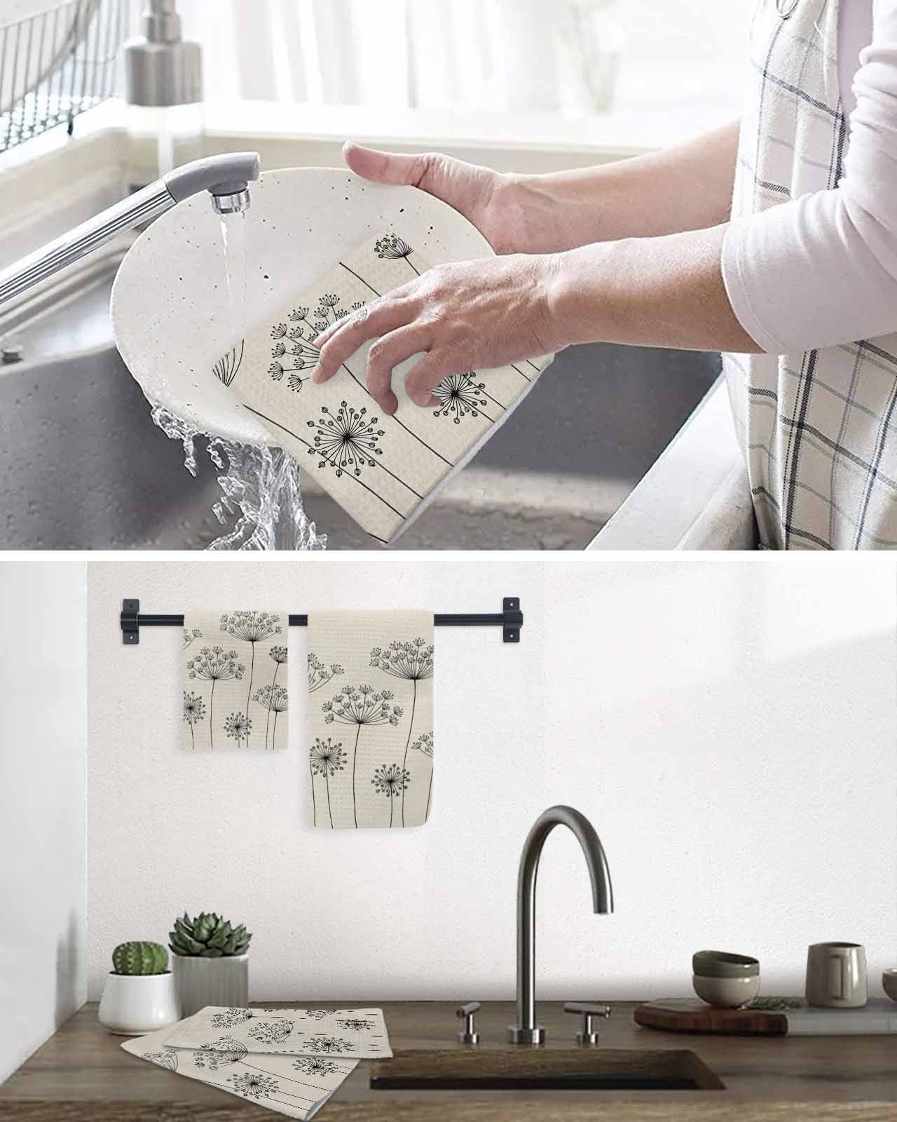 Farmhouse Dandelion Kitchen Dish Towels for Drying Dishes Set of 2, Spring Modern Minimalist Country Flower Waffle Weave Microfiber Hand Tea Bathroom Towels Quick Dry & Absorbent Towel 15.7x23.6