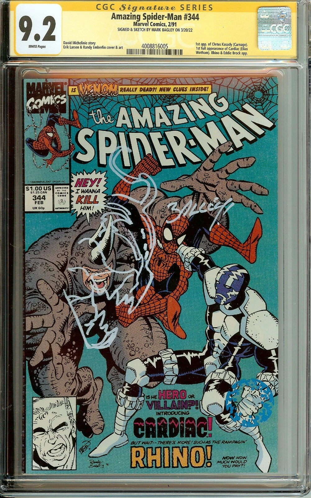 Amazing Spider-Man #344 CGC 9.2 Signature Series – 1st Cletus Kasady (Carnage) – Signed & Sketched by Mark Bagley
