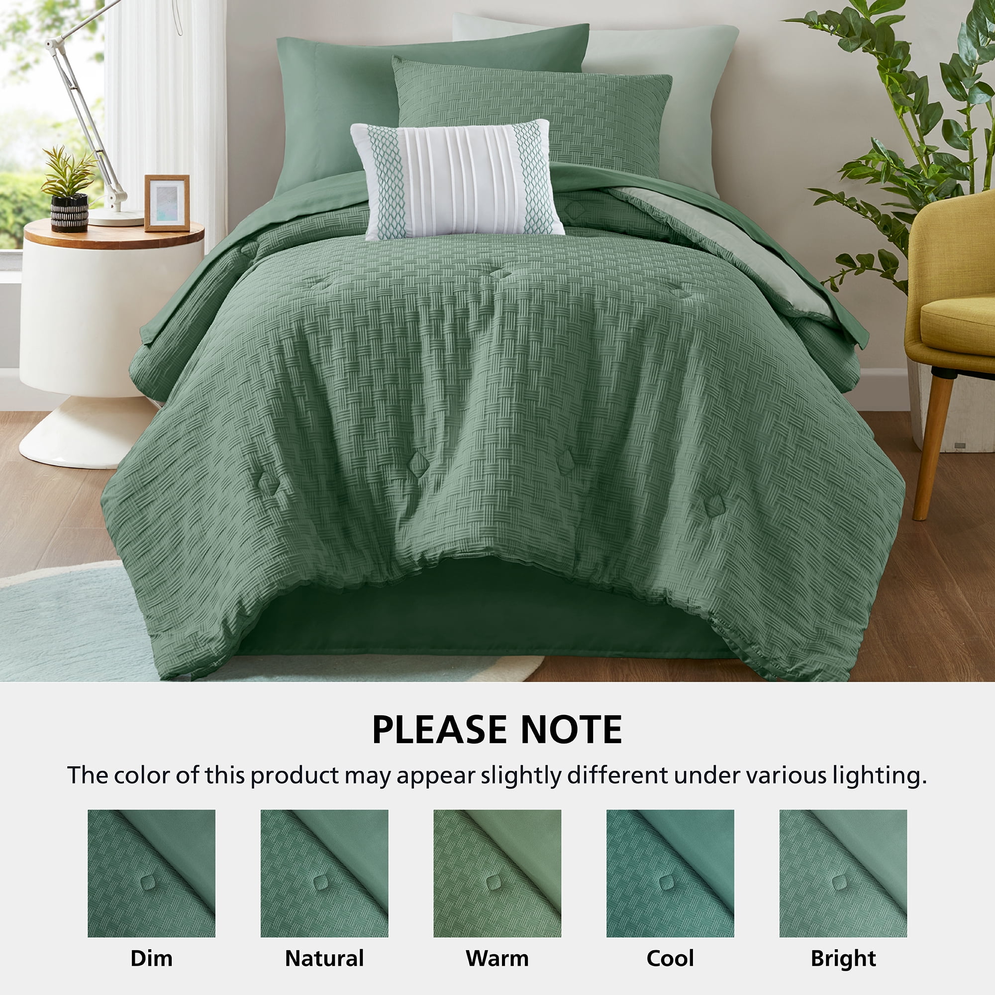 Mainstays 8-Piece Bed-in-a-Bag Comforter Set with Sheets, Twin/Twin-XL, Green Basketweave