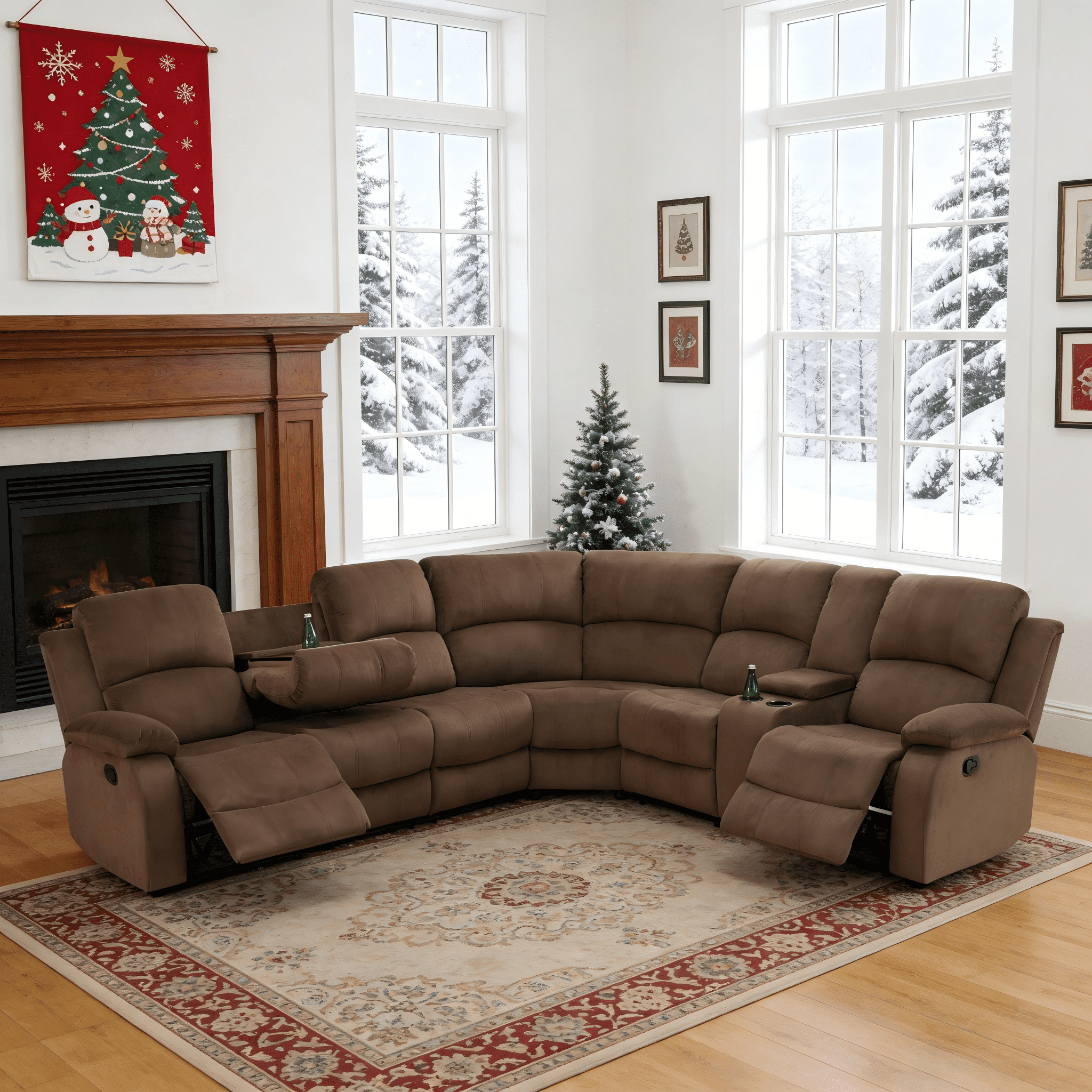 Gewnee Oversized Flannel Fabric Manual Reclining Sectional Sofa with 1-Seat Sofa,Cup Holders for Living Room