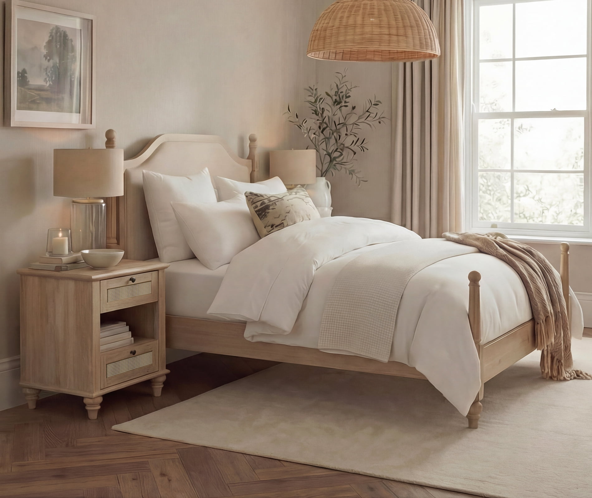3 Piece Bedroom Set, Queen Bed Frame with Headboard & 2 Rattan Nightstands with Charging Station & Open Storage, Oak