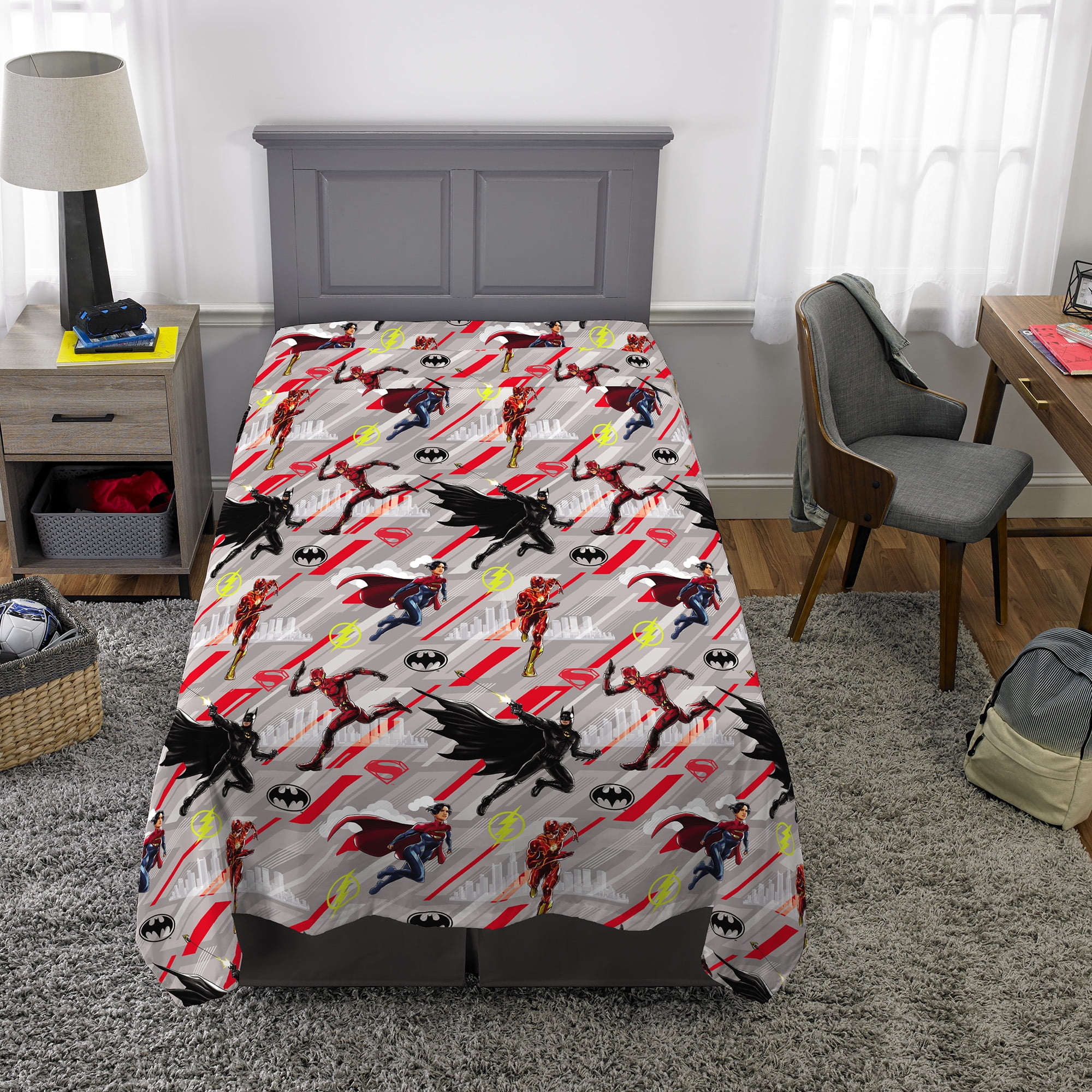 The Flash Kids 4 Piece Red Gray Reversible Comforter, Bed in a Bag, Twin