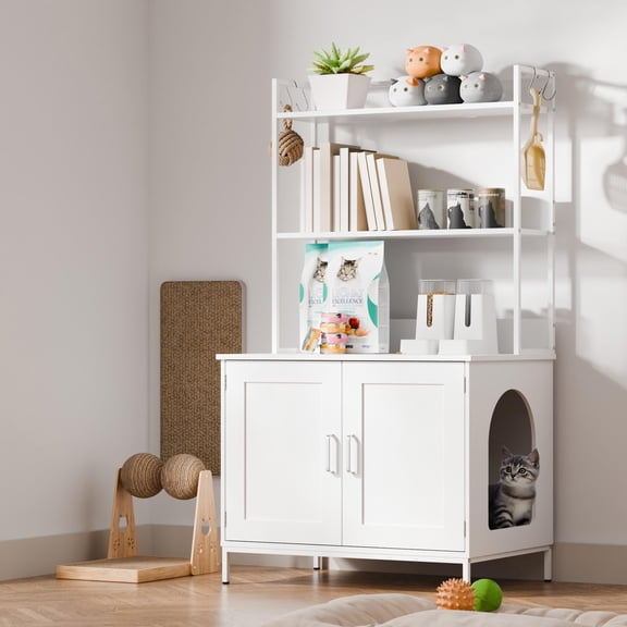 Cozy Castle Cat Litter Box, 57" Cat Litter Box Furniture with Large Cabinet, Shelves and 4 S-Hooks, Hideaway Cat House for Most Litter Boxes, Indoor Wooden Pet Restroom