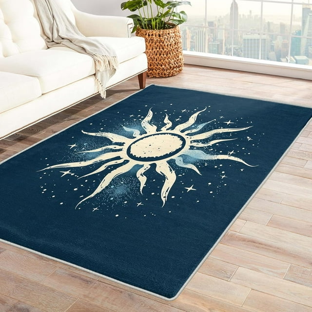 Sun Rug 5x7 - Washable Rugs Sun Rug & Home Decor, 4x5 Rug, Abstract Minimalist Rugs for Living Room Bedroom, Non Slip Soft Large Indoor Area Rug, Navy Blue and White Carpet