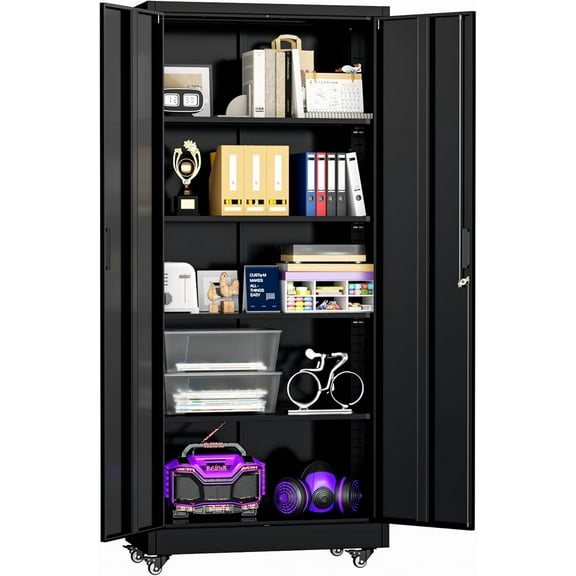 Bonusall 73" H Metal Storage Lockers with Wheels,Rolling Garage Cabinet with Locking Doors and 4 Adjustable Shelves,Metal Locker Organizer Cabinet for Garage,Office,Kitchen,Basement(Black)