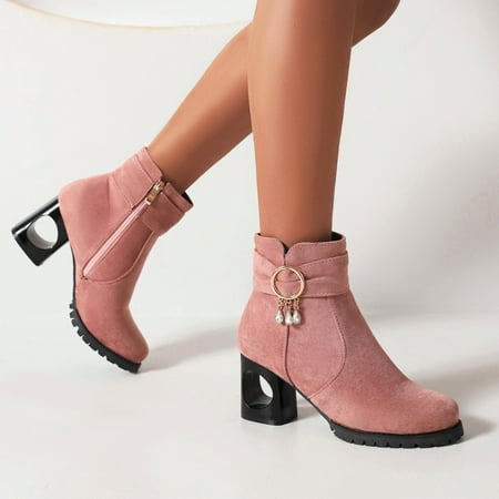 

Aayomet Women Winter Boots Suede Pearl Button Hollow Thick Heel Medium Heel Solid Side Zipper Short Boots (Pink 6.5)