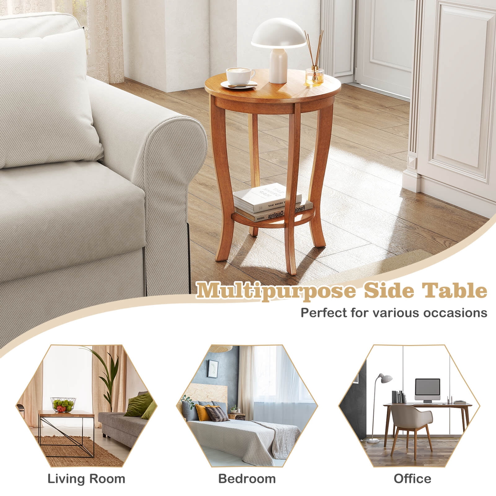 Costway 2 PCS 2-Tier End Table 18" Round Compact Sofa Side Nightstand with Storage Shelf Light Brown