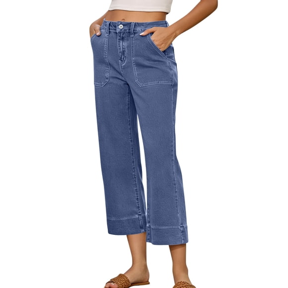 Tauxra Women's Straight Leg Jeans Cropped Pants for Women High Waisted Casual Loose Fit Denim Jeans with Pockets Solid Color Lounge Capris