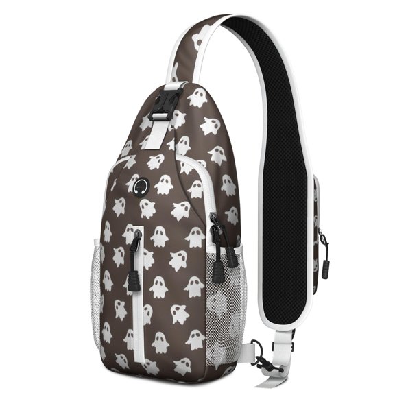Sling Backpack,Brown Halloween Ghost Pattern Crossbody Bag with Water Bottle Holder,Waterproof Sling Bag for Men/Women with Chest Phone Holder for Hiking,Travel