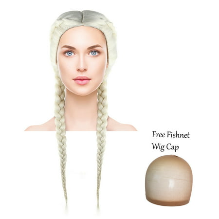 Womens Double Braid Blonde Wigs Long Hairpiece for Cosplay Theme Party Daenerys Targaryen Wig