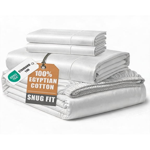 100% Egyptian Cotton King Size Sateen Sheets Set 4-Piece White