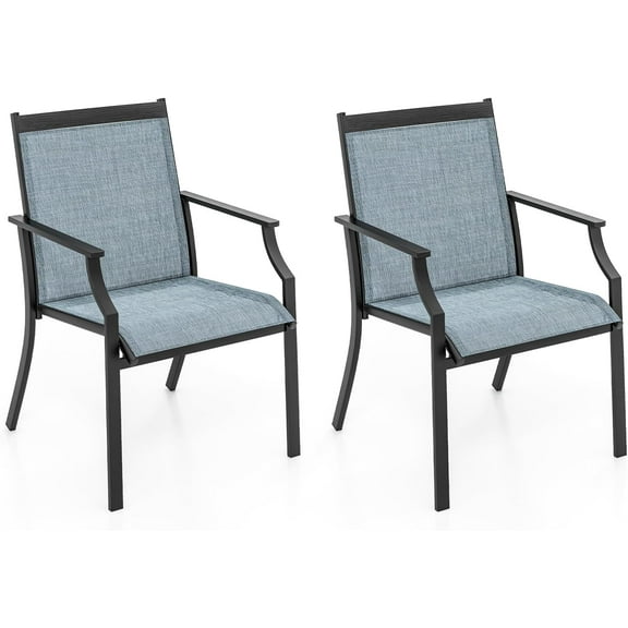 2PCS Outdoor Patio Dining Chairs w/ Armrests, Metal Frame, High Back, Blue