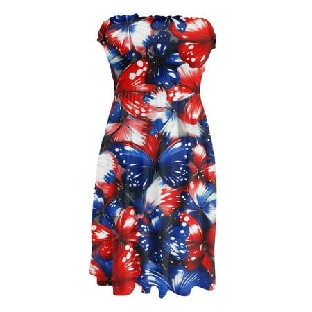CHCNHAC Tube Dresses for Women 4th Of July Patriotic Dresses American Flag Graphic Casual Flowy Swing Strapless Tea Party Dress Blue S