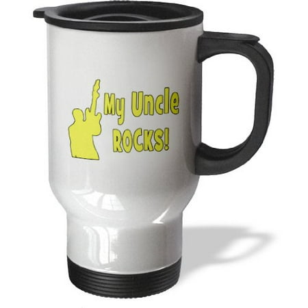 3dRose my uncle rocks yellow w guitar, Travel Mug, 14oz, Stainless Steel