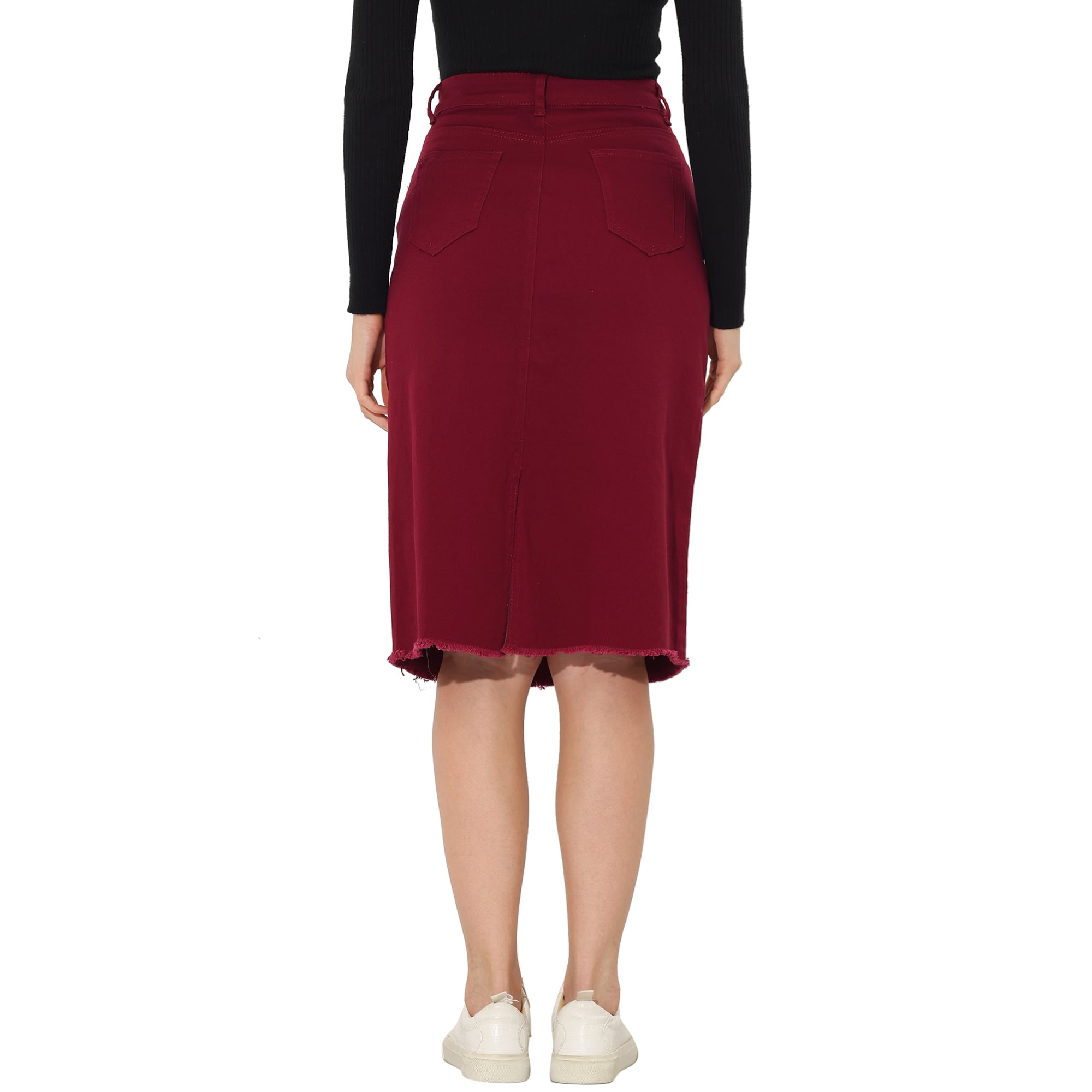 Unique Bargains Women s Solid High Waist Back Vent Knee Length Denim Skirt Dark Red XL