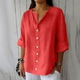 thumbnail image 2 of Tianiyouqing Womens Shirts 3/4 Sleeve Cotton Linen Gauze Tops Casual Button V Neck Button Blouses Loose Fit Vermilion M, 2 of 8