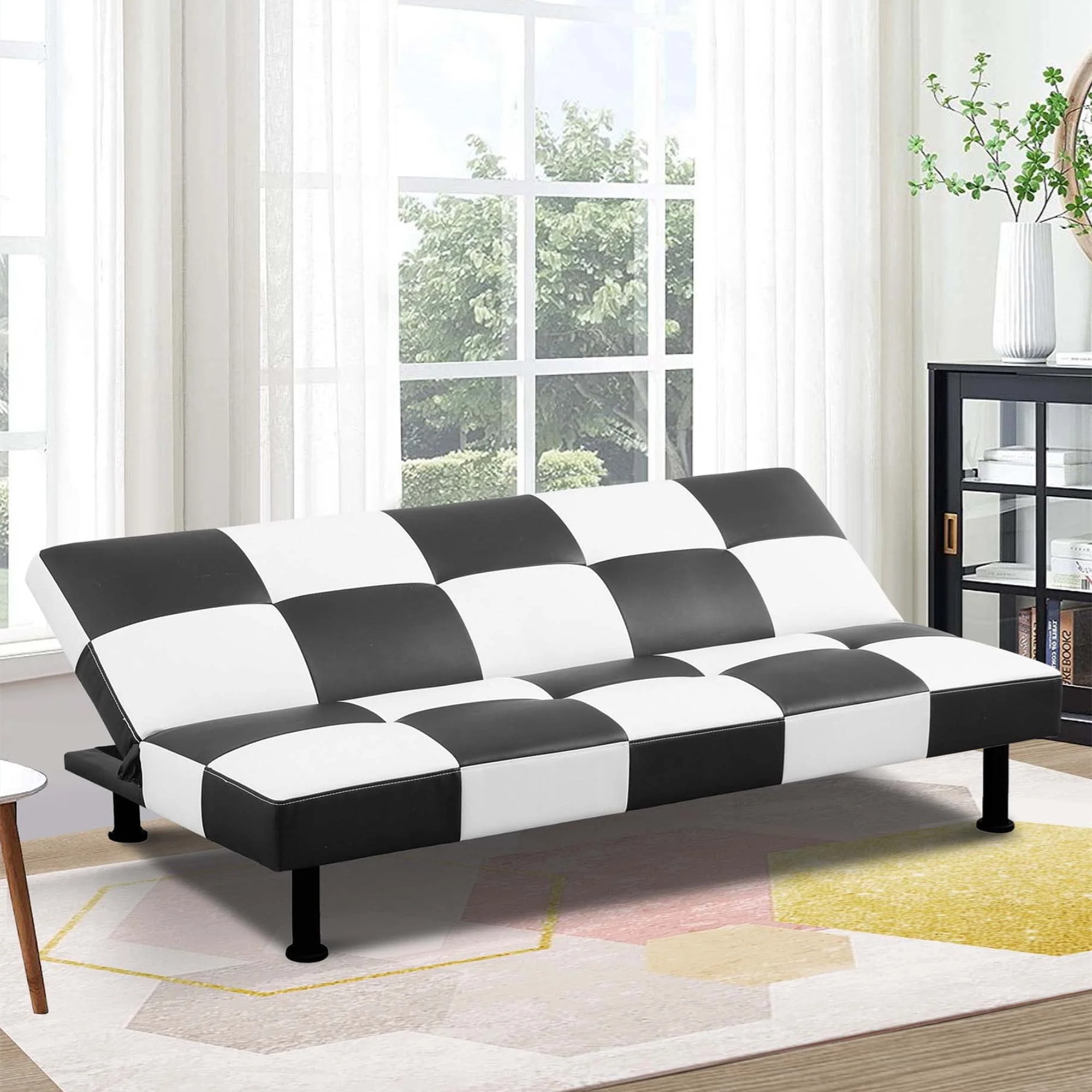 Aukfa Faux Leather Futon Convertible Sofa Bed for Home Office Twin Size, Black&White