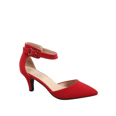 Sunrise-39 Women's Ankle Strap Buckle Pointy Toe Stiletto Low Heel Pumps ( Red, 7.5 )